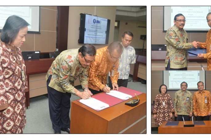 Kepala Badan Standardisasi Nasional, Bambang Prasetya dan Rektor Institut Pertanian Bogor, Herry Suhardiyanto menandatangani nota kesepahaman untuk melanjutkan kerja sama antara BSN dan IPB di bidang pendidikan dan standardisasi, Jumat 12 Juni 2015, di Ge