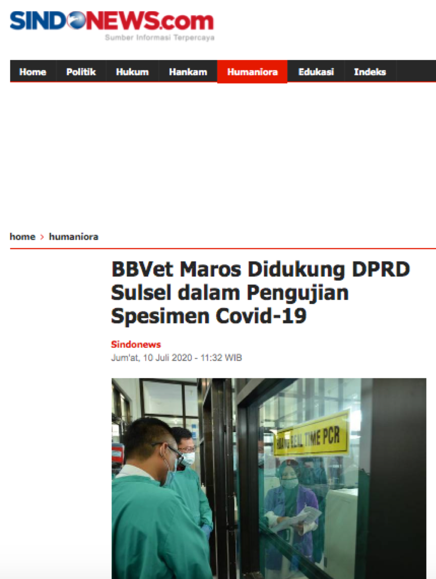 BBVet Maros Didukung DPRD Sulsel Dalam Pengujian Spesimen Covid 19